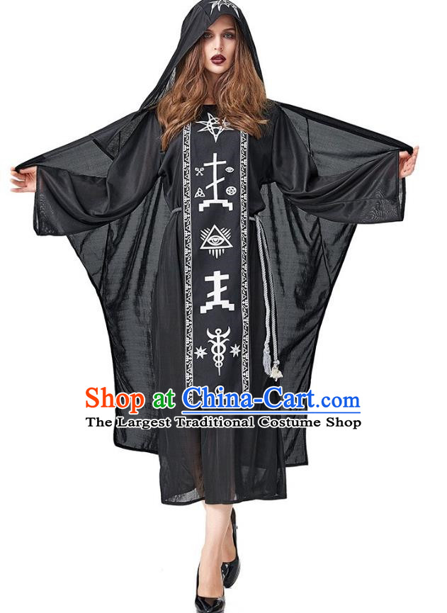 Black Totem Rune Robe Shaman Wizard Hooded Cloak Adult Cosplay Accountant Costume Halloween