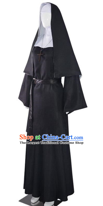 Retro Black Nun Robe Large Size With Shawl Headgear Monastery Uniform Cosplay Nun Costume