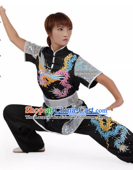 Black Martial Arts Clothing Embroidered Phoenix Performance Clothing Competition Clothing Long Boxing Clothing Practice Clothing For Women, Boys And Children