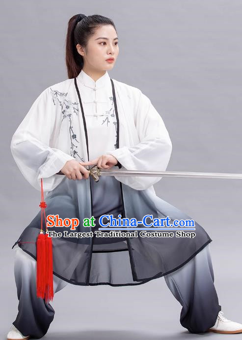Tai Chi Ink Plum Blossom Embroidery Gradient Transition Color Three Piece Set Elegant Performance Costume Competition Tai Chi Costume