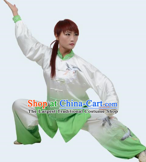 Green Tai Chi Suit Cloud Crane Gradient Transition Color Three Piece Suit Draped Embroidery Practice Suit Men And Women Performance Suit