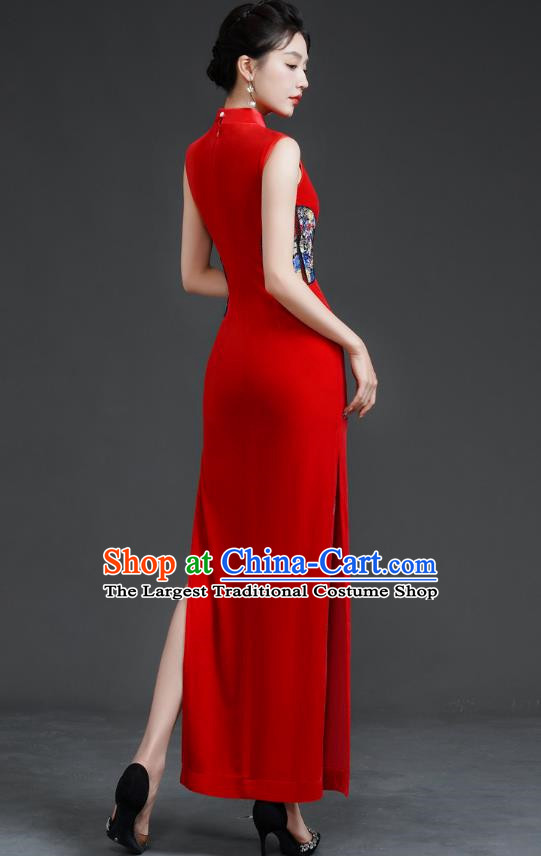 Top Long Catwalk Cheongsam Red Velvet Mother Dress Wedding Dress Model Team Stage Costume