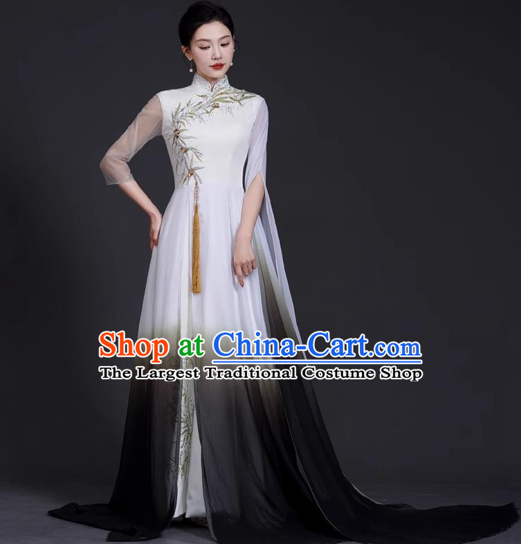 Top National Tide Style Banquet Evening Dress Long Model Catwalk Cheongsam Guzheng Art Test Solo Dress Embroidery