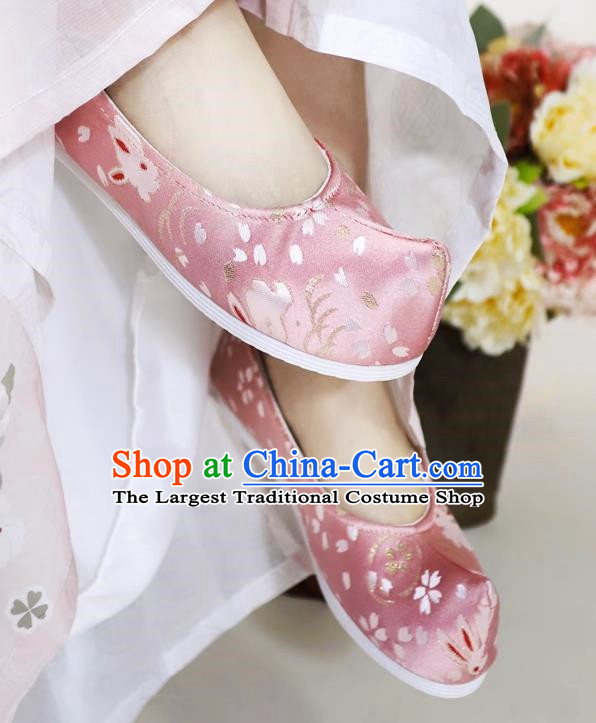 Hanfu Shoes Ancient Style Flat Heel Round Toe Soft Sole Shoes Ming Dynasty Horse Face Ancient Costume Women Cloth Shoes Pink
