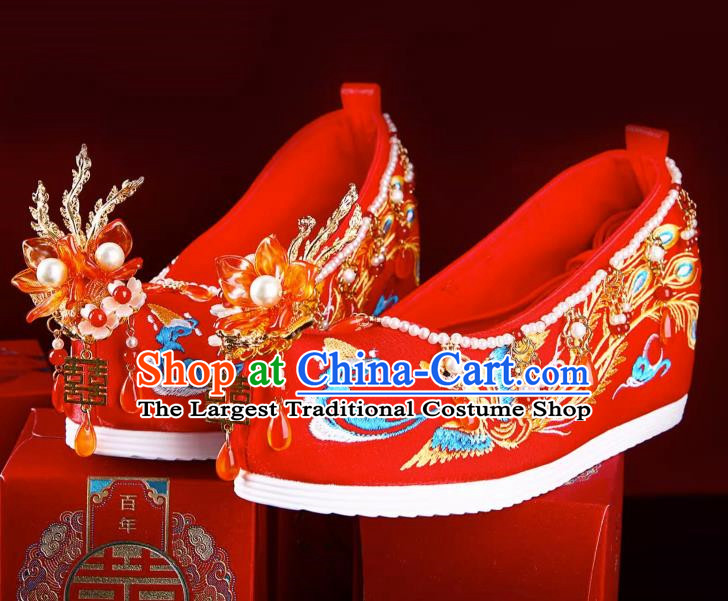 Embroidered Shoes Fengguan Xiapei Xiuhe Wedding Shoes Women Wedding Banquet Is Red Inner Height Increase Handmade