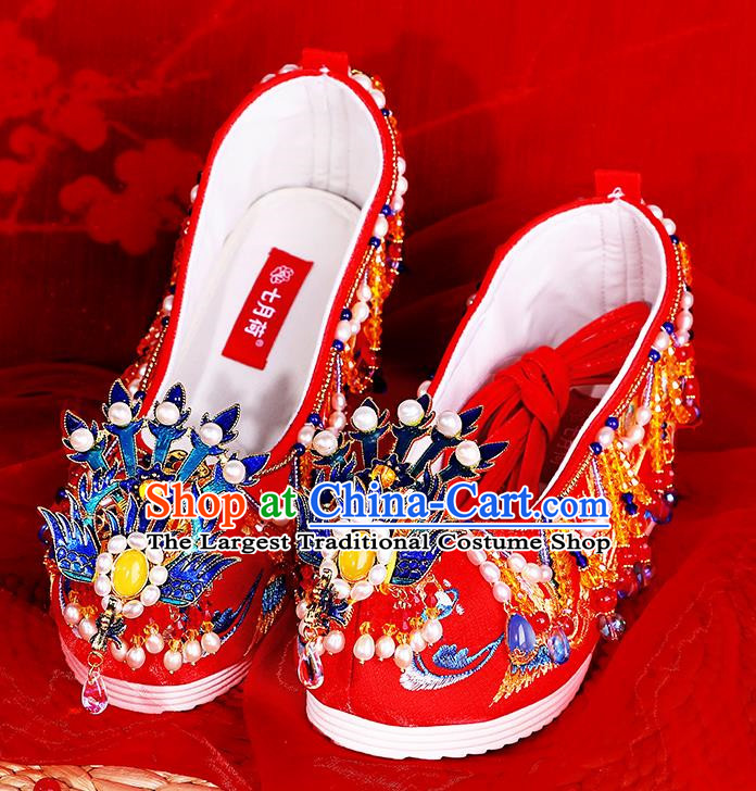 Agate Freshwater Pearl Chinese Style Xiuhe Wedding Shoes Women Embroidered Shoes Red