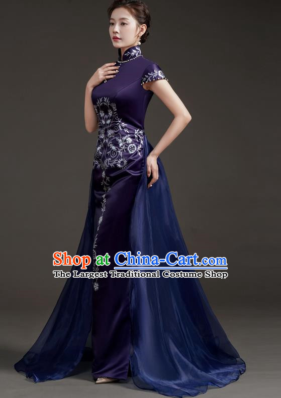 Chinese High End Improved Cheongsam Extended Model Team Catwalk Stage Folk Music Performance Clothing Printing