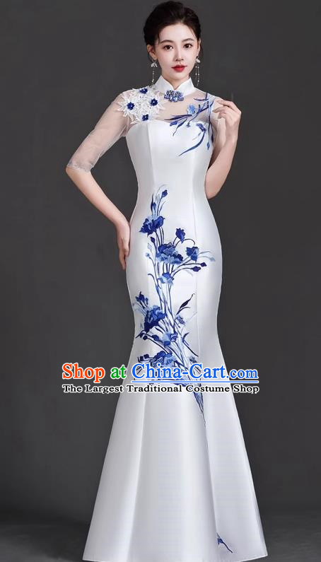 Chinese Design Cheongsam Evening Dress Elegant High End Catwalk Mermaid Retro Host Costume Blue And White Porcelain