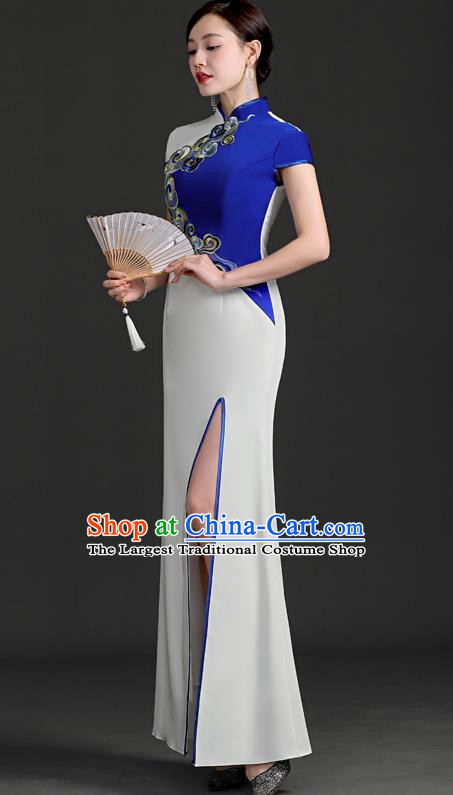 Chinese Design Improved Cheongsam Long Fishtail Slit Retro Elegant Model Group Catwalk Costume Blue And White Color Contrast