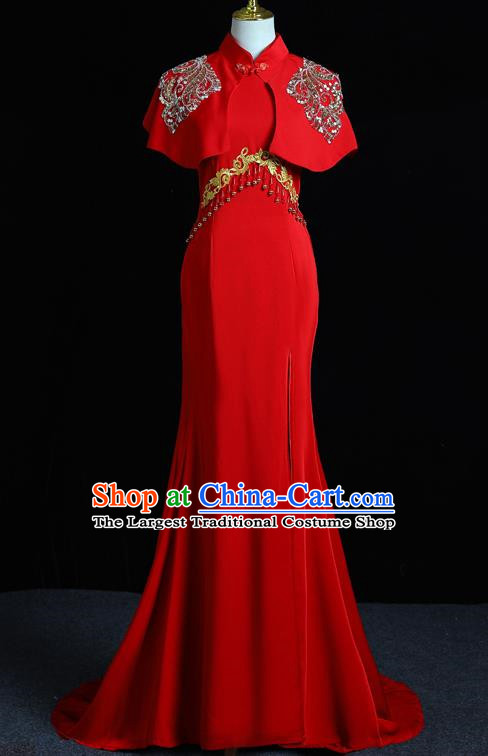 Chinese Design Red Senior Evening Dress Trailing Long Fishtail Slim Banquet Elegant Temperament Catwalk Dress Skirt