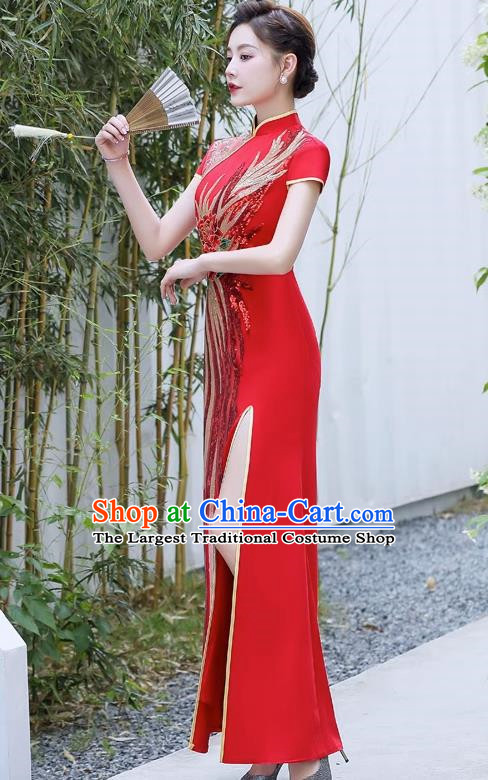 Chinese Design Mermaid Slim Evening Dress Red Catwalk Costume Long Chinese Trendy Cheongsam