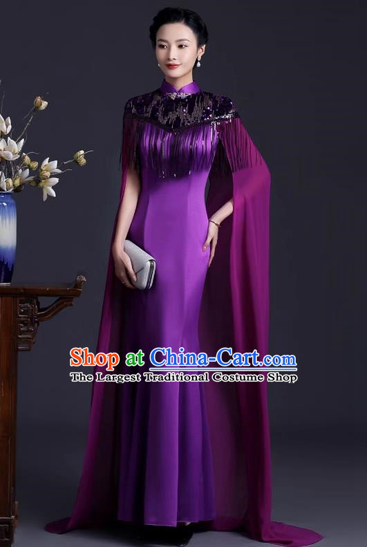 Purple Catwalk Cheongsam Temperament Mermaid Dress Chinese Design High End Stage Costume Cape