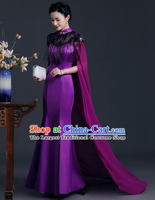 Purple Catwalk Cheongsam Temperament Mermaid Dress Chinese Design High End Stage Costume Cape
