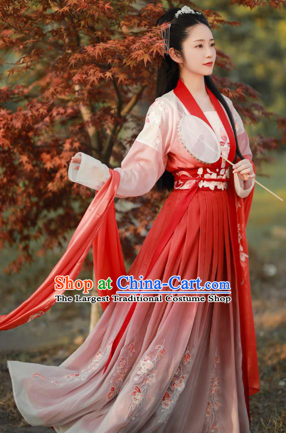 China Ancient Civilian Female Red Costumes Woman Hanfu Song Dynasty Young Lady Embroidered Clothing