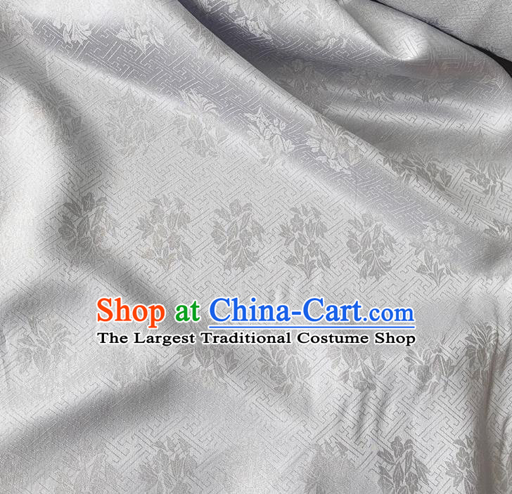 Silver China Traditional Jacquard Crepe Cloth Mulberry Silk Classical Trumpet Creeper Pattern Hanfu Fabric