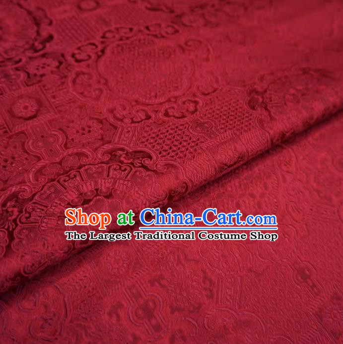 Deep Red China Traditional Brocade Fabric Classical Treasure Round Pattern Design Cloth Hanfu Drapery