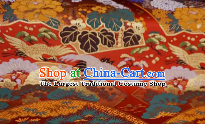 Red Traditional Brocade Fabric Japanese Classical Crane Pattern Design Nishijin Cloth Kimono Drapery