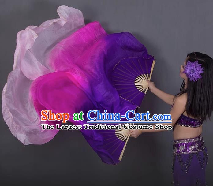 Handmade Classical Dance Fan Top Belly Dance Long Ribbon Fan Gradient Purple to Pink Pure Silk Fan