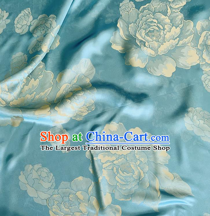 Light Blue and Golden China Mulberry Silk Material Jacquard Satin Fabric Traditional Peony Design Cheongsam Cloth
