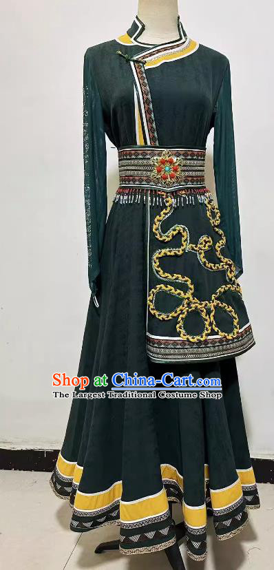 China Mongolian Woman Clothing Professional Ethnic Stage Performance Costume Mongol Nationality Dance Dark Green Dress