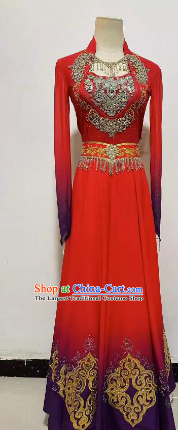 Professional Stage Performance Costume China Uyghur Nationality Dance Red Dress Xinjiang Ethnic Dance Clothing