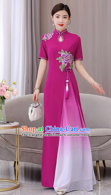 Chinese Embroidered Peony Aodai Dress National Clothing Long Cheongsam Modern Fancywork Megenta Qipao