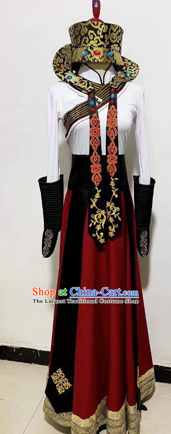 China Mongolian Woman Stage Performance Costume and Headwear Mongol Nationality Dance Clothing Taoli Cup Dance Competition Dress