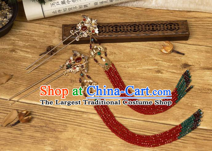 China Handmade Tang Dynasty Red Tassel Hairpins Hanfu Wedding Headpieces Ancient Empress Hair Jewelries