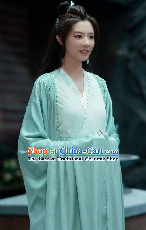 China Romantic TV Series Miss The Dragon Goddess Qing Qing Green Dress Ancient Fairy Costumes Hanfu Clothing