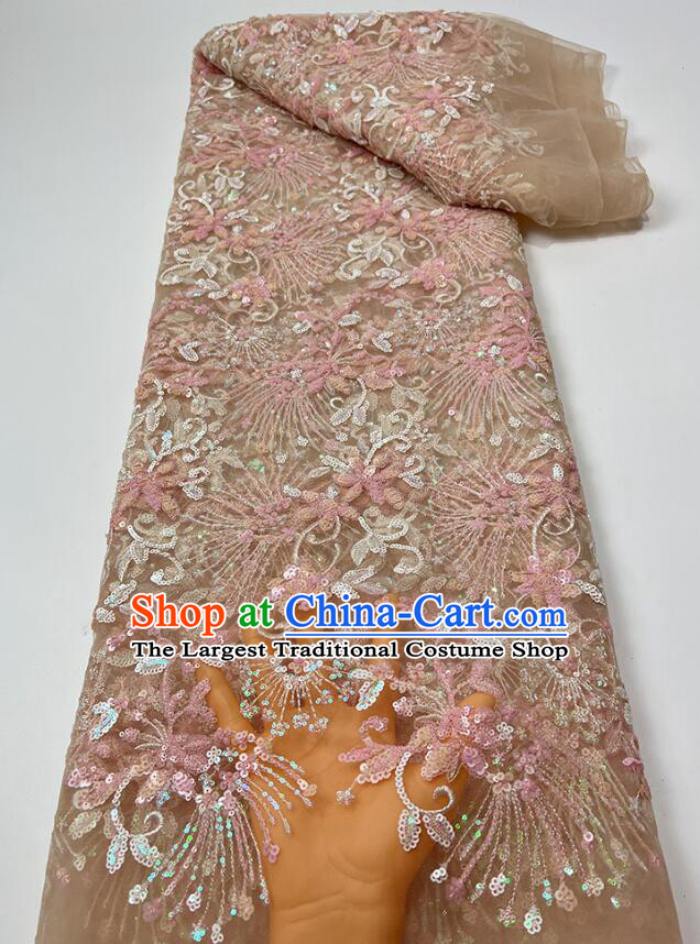 Top Pink Flower Embroidery Material Thailand Lace Fabric Wedding Dress Sequin Beads Cloth