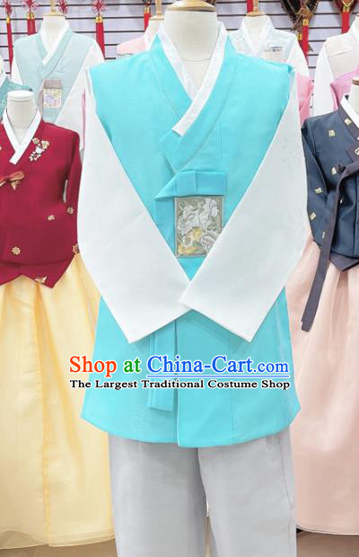 Korean Traditional Stage Performance Costumes Handmade Male Hanbok Ancient Groom Blue Outfit Clothing Complete Set