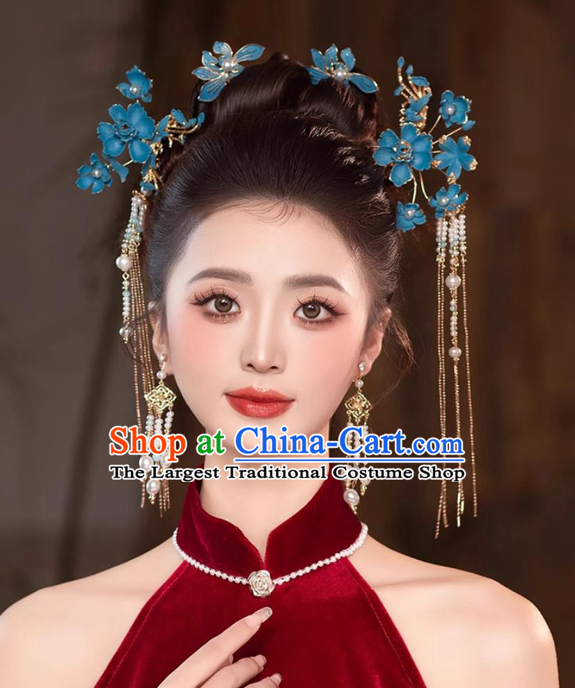 Traditional China Wedding Hair Accessories Handmade Cheongsam Headpieces Bride Blue Flower Hairpins Complete Set