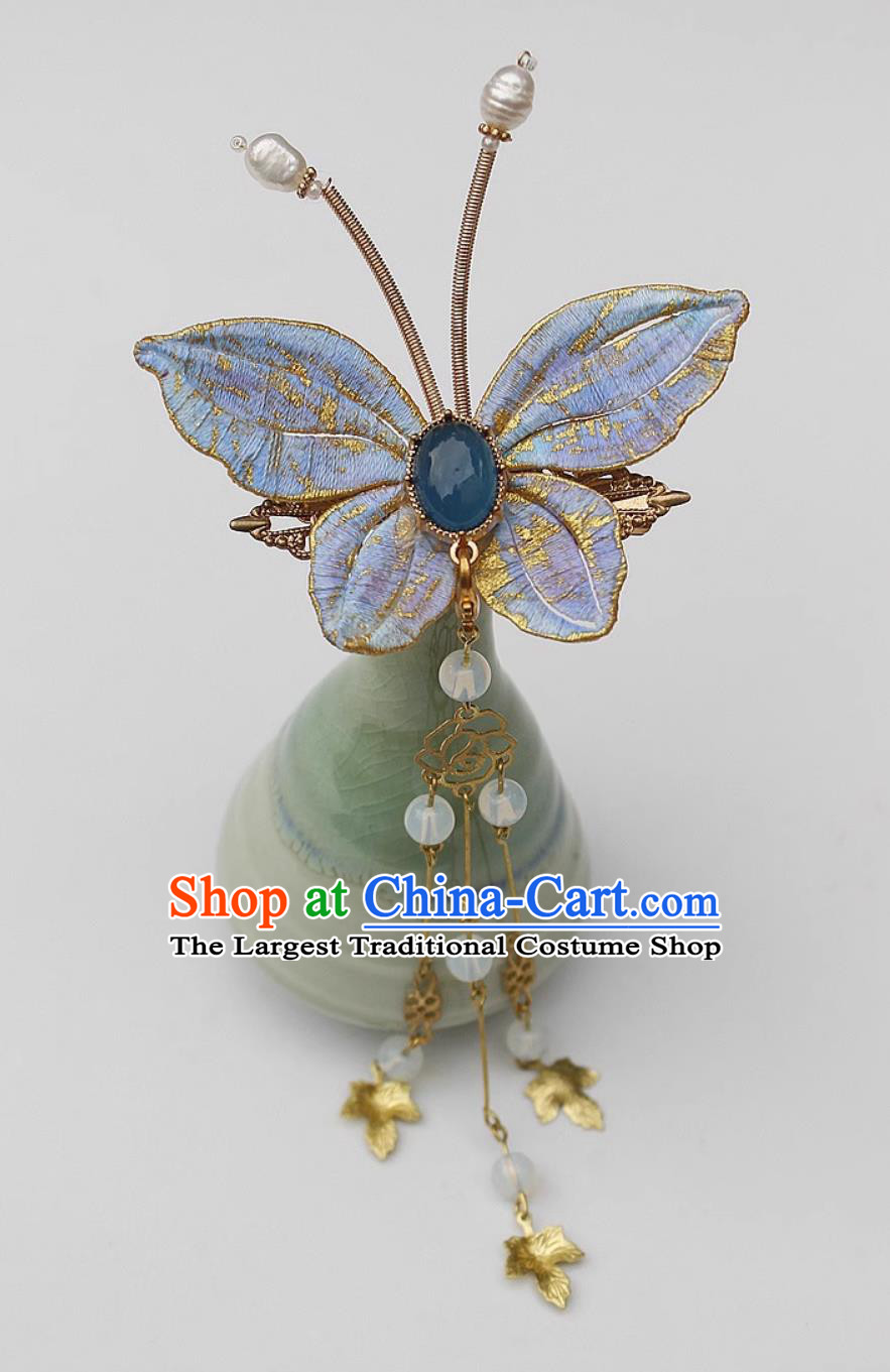 China Cheongsam Hair Jewelry Traditional Hanfu Headpiece Handmade Blue Butterfly Hair Stick