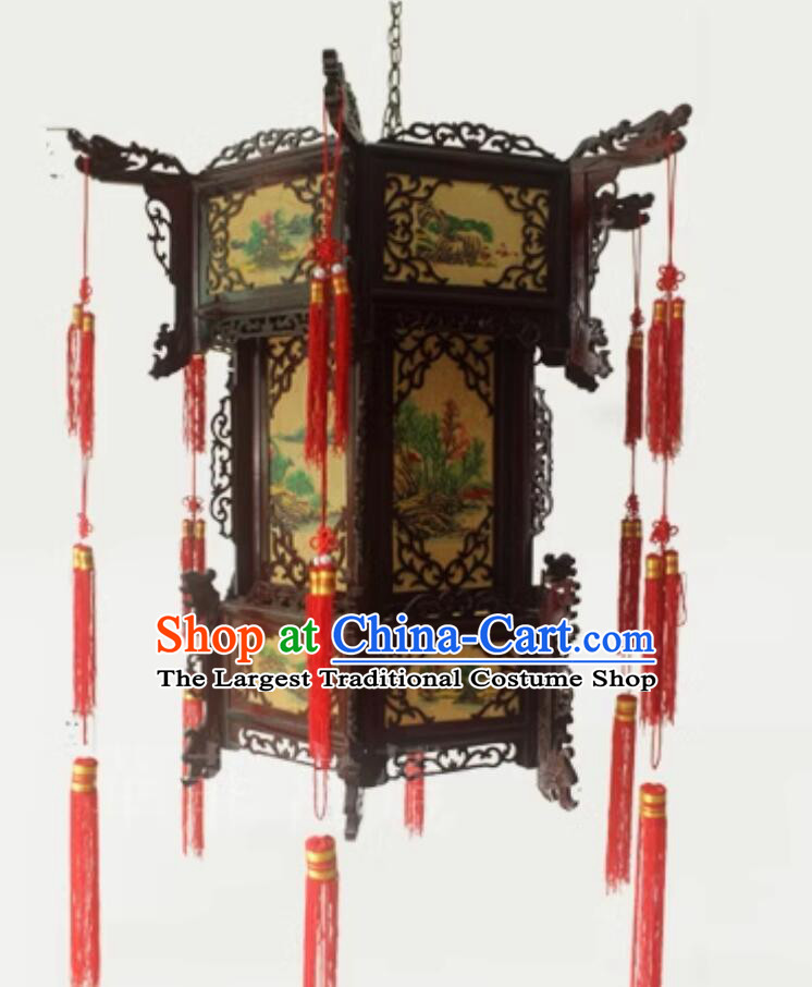 Handmade Landscape Lamp Chinese Palace Lantern Large Three Layers Antique Style Wood Lantern