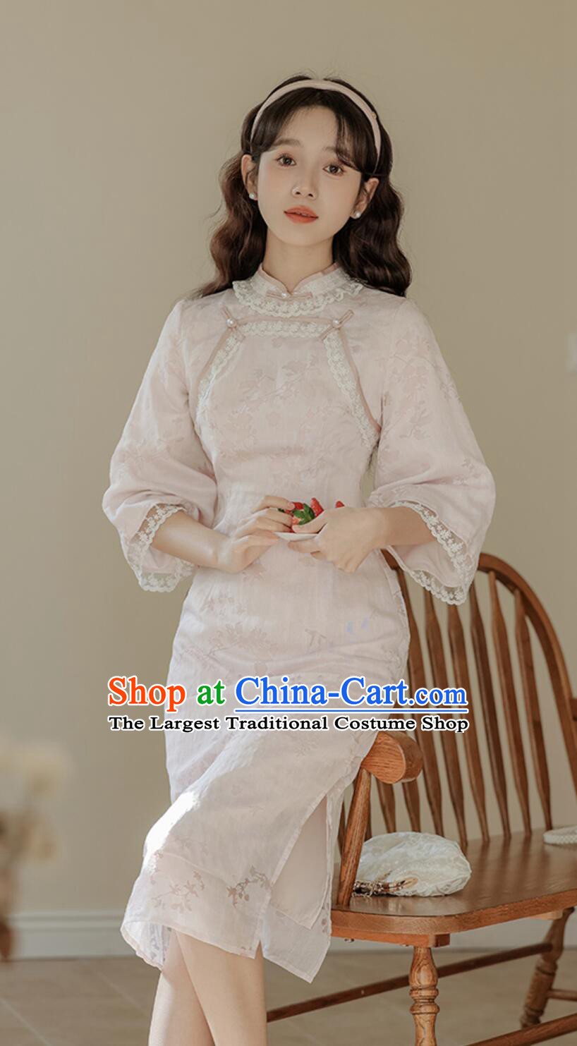 Modern Light Pink Cheongsam Traditional Chinese Clothing China Middle Sleeve Qipao Dress