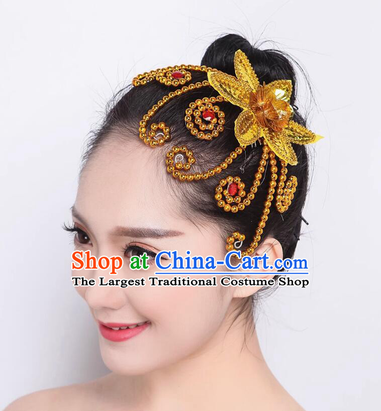 Chinese Folk Dance Headpiece Hanfu Classical Dance Headwear Handmade Stage Performance Woman Golden Flower Hair Stick