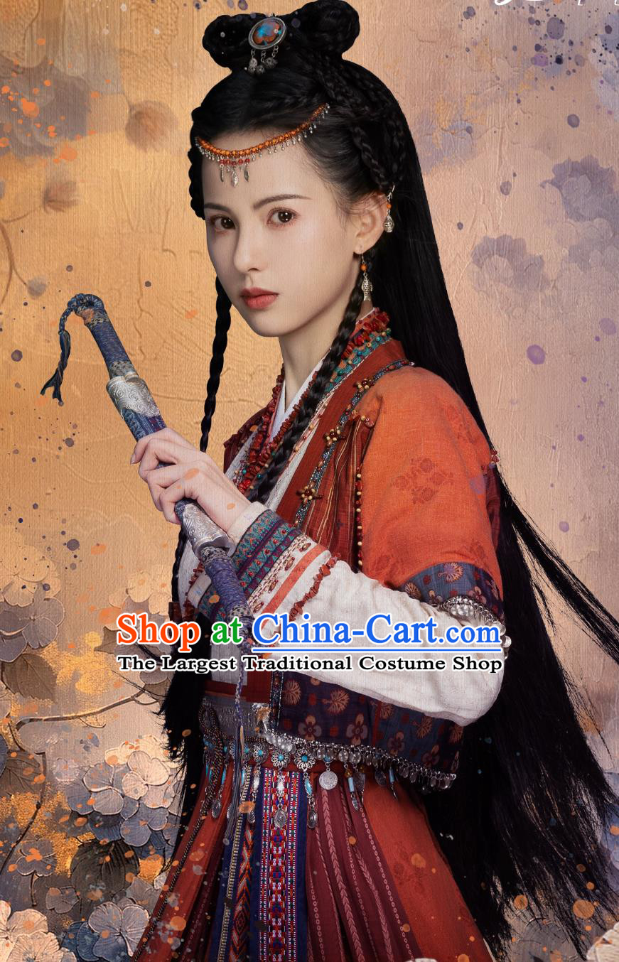 Ancient China Ethnic Young Lady Clothing Traditional Chinese Hanfu TV Series Drama Follow Your Heart Swordswoman Tong Sai Er Costume