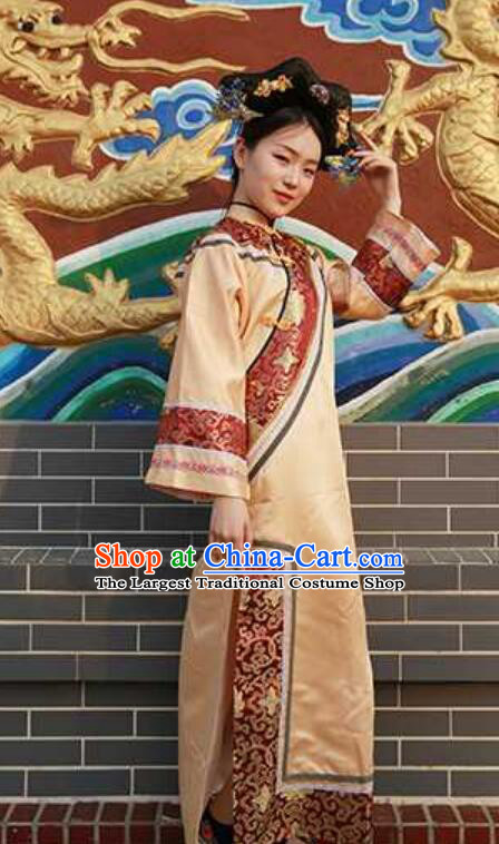 China Palace Lady Golden Dress Chinese Qing Dynasty Empress Costume Ancient China Princess Clothing