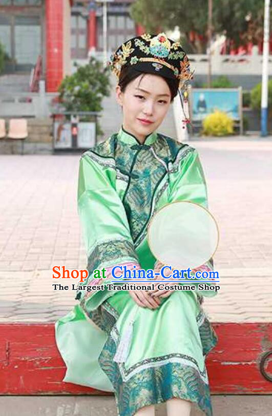 Chinese Qing Dynasty Empress Costume Ancient China Manchu Palace Woman Clothing Empresses in the Palace Green Dress