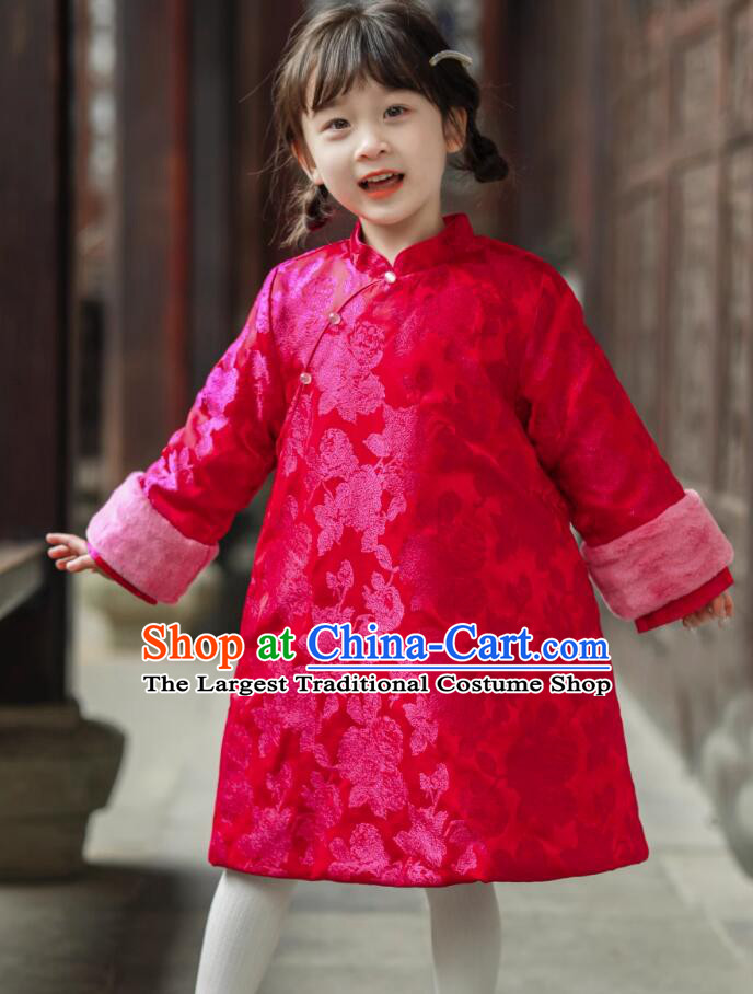 Winter Children Qipao Warm Cheongsam China Rosy Dress Traditional Chinese Clothing