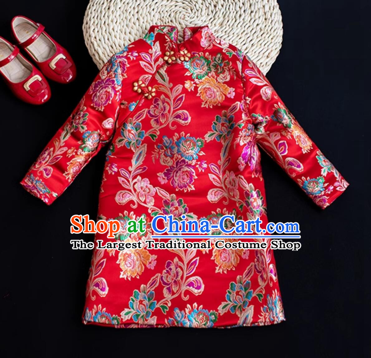 Traditional Chinese Clothing Children Qipao Red Brocade Cheongsam China Classical Dress