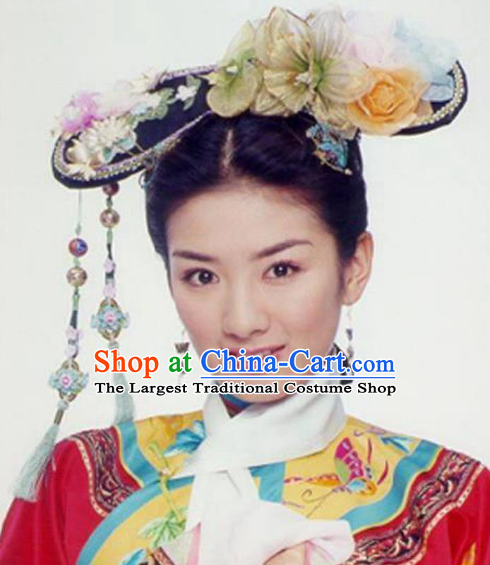 TV Drama My Fair Princess Xiao Yan Zi Headpiece Traditional Chinese Qing Dynasty Manchu Woman Hat Ancient China Empress Qi Headgear