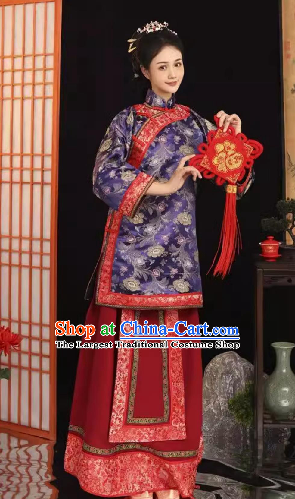 Traditional Chinese Village Woman Purple Dress Ancient China Woman Matchmaker Costume Late Qing Dynasty Clothing