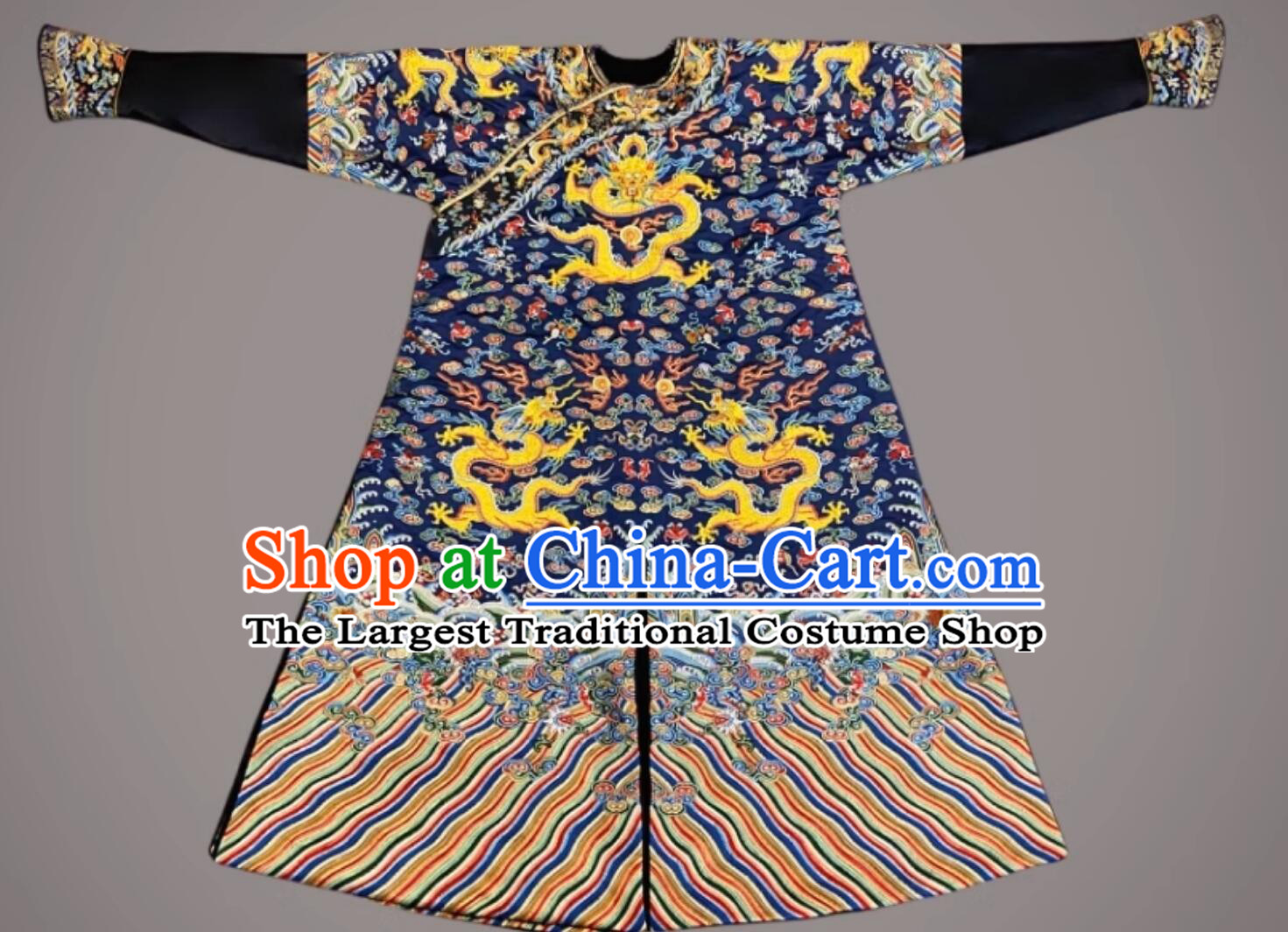 Chinese Qing Dynasty Emperor Dark Blue Dragon Robe Traditional Embroidered Imperial Robe Ancient China Manchu Monarch Clothing