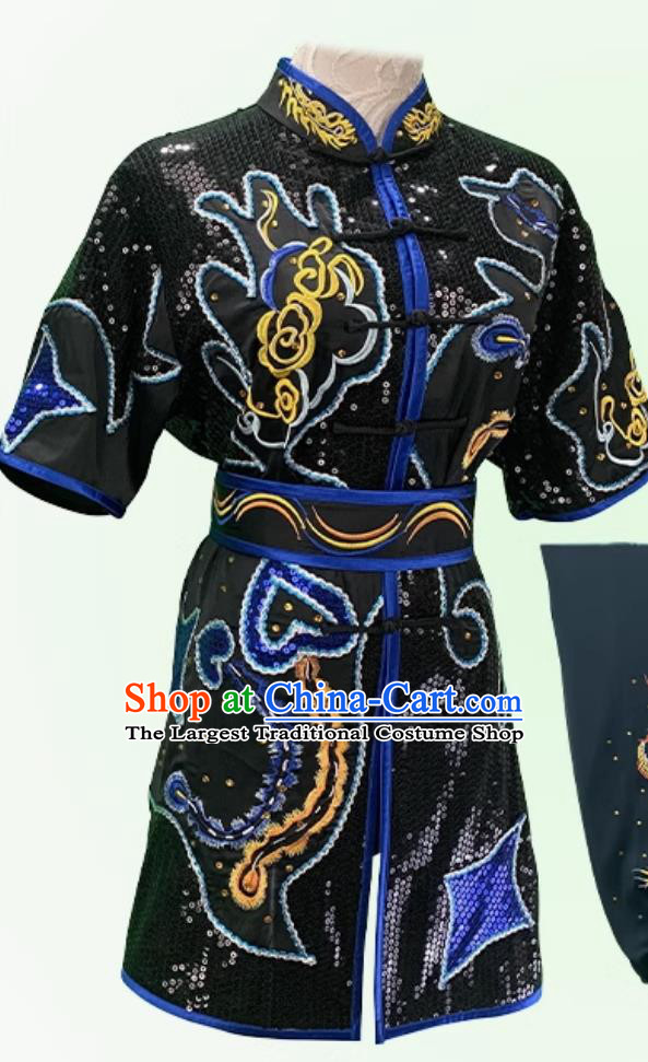 Chinese Traditional Kung Fu Costume Martial Arts Embroidered Uniform Wushu Tournament Black Outfit Changquan Competition Clothing