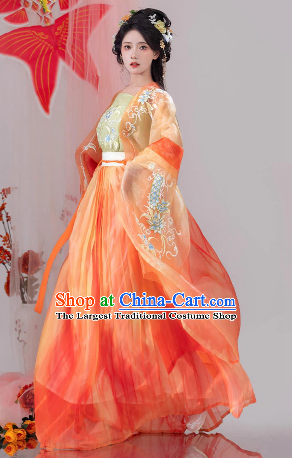 Chinese Tang Dynasty Princess Embroidered Clothing Ancient China Fairy Costume Traditional Orange Hanfu Dress