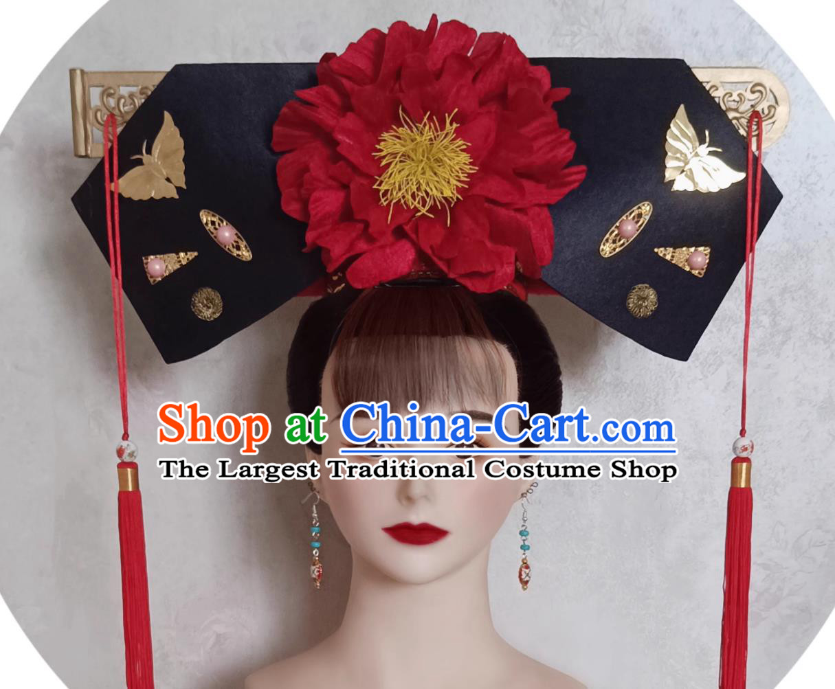 China Qing Dynasty Palace Lady Red Peony Hat Traditional Chinese Manchu Woman Headdress TV Series Princess Pearl Xiao Yan Zi Headgear