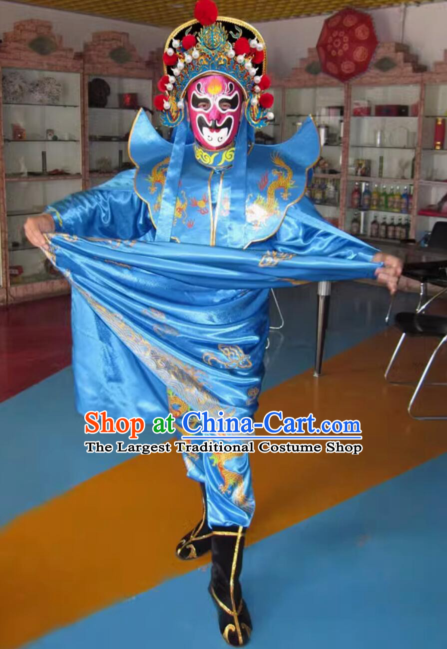 Professional Mask Changing Clothing Chinese Traditional Bian Lian Blue Outfit Mask Change Costume and Hat Complete Set