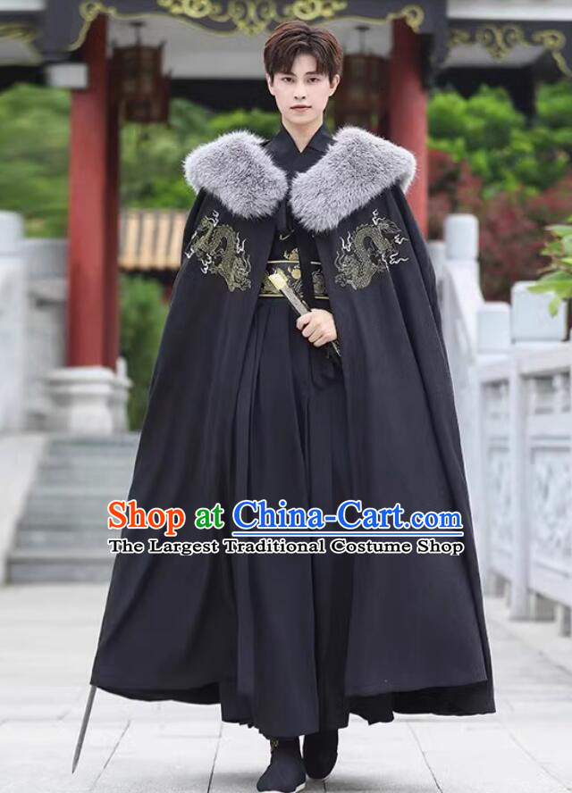 Traditional Chinese Hanfu Mantle Ancient Swordsman Costume Handmade Embroidered Black Woolen Long Cloak