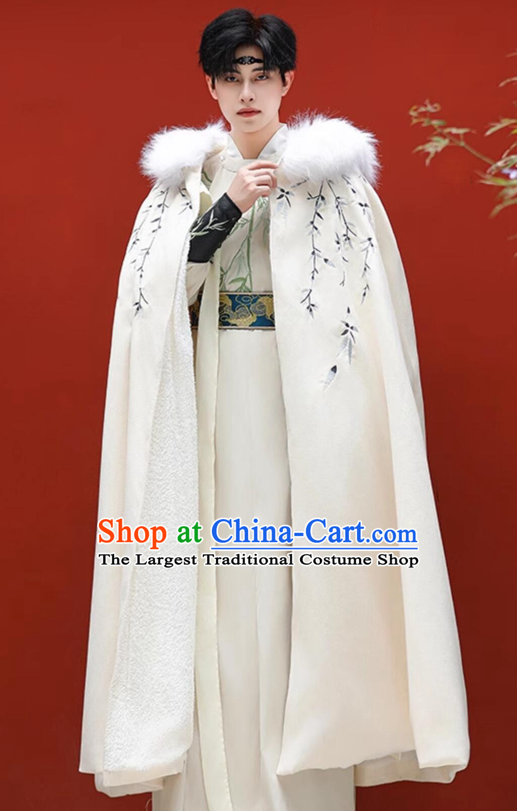 China Ancient Swordsman Costume Handmade Embroidered Beige Woolen Long Cloak Traditional Chinese Hanfu Mantle
